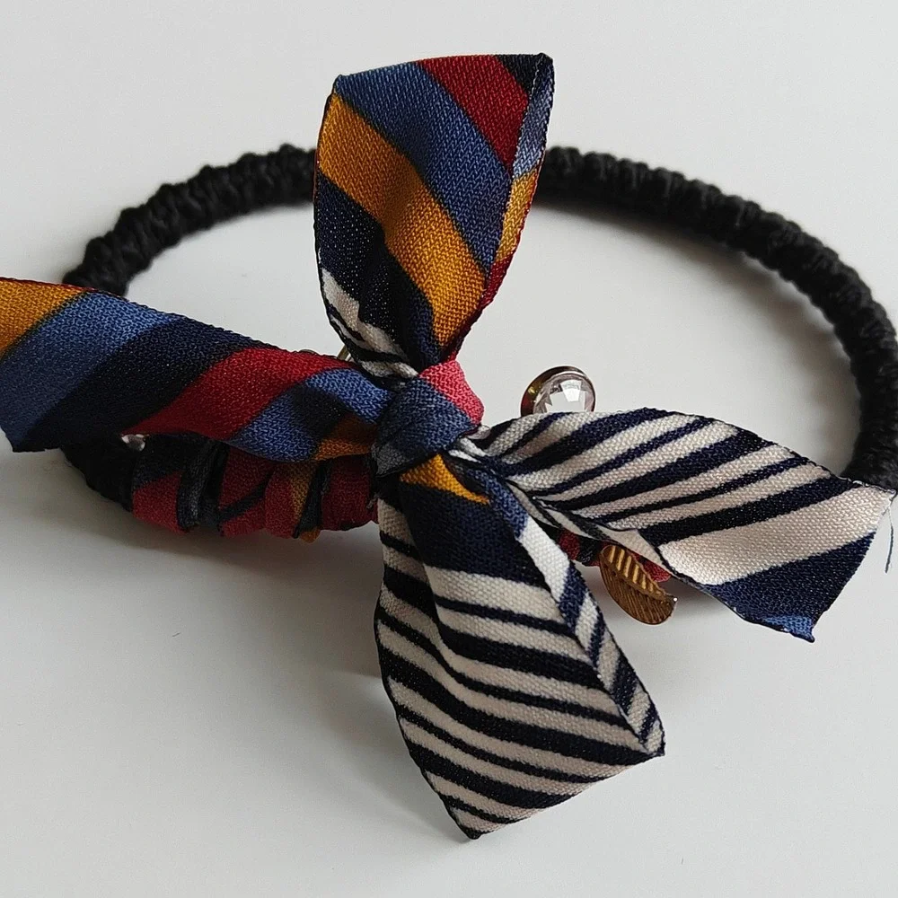 Handmade Beaded Rhinestone Hair Tie Set 3pc Velvet Bow Ribbon Multicolor Womens